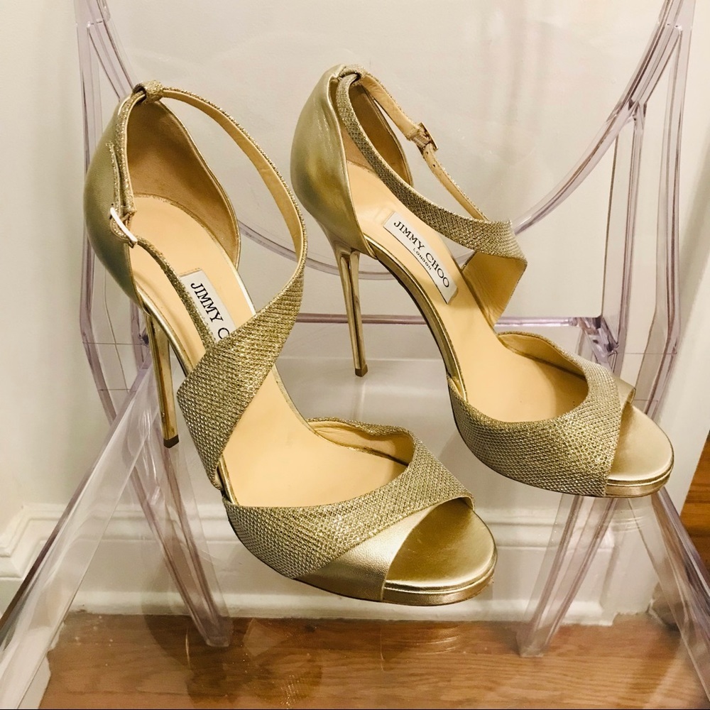 Jimmy Choo Tyne Asymmetrical Glitter Sandal 40.5 10.5 gold lame heels wedding